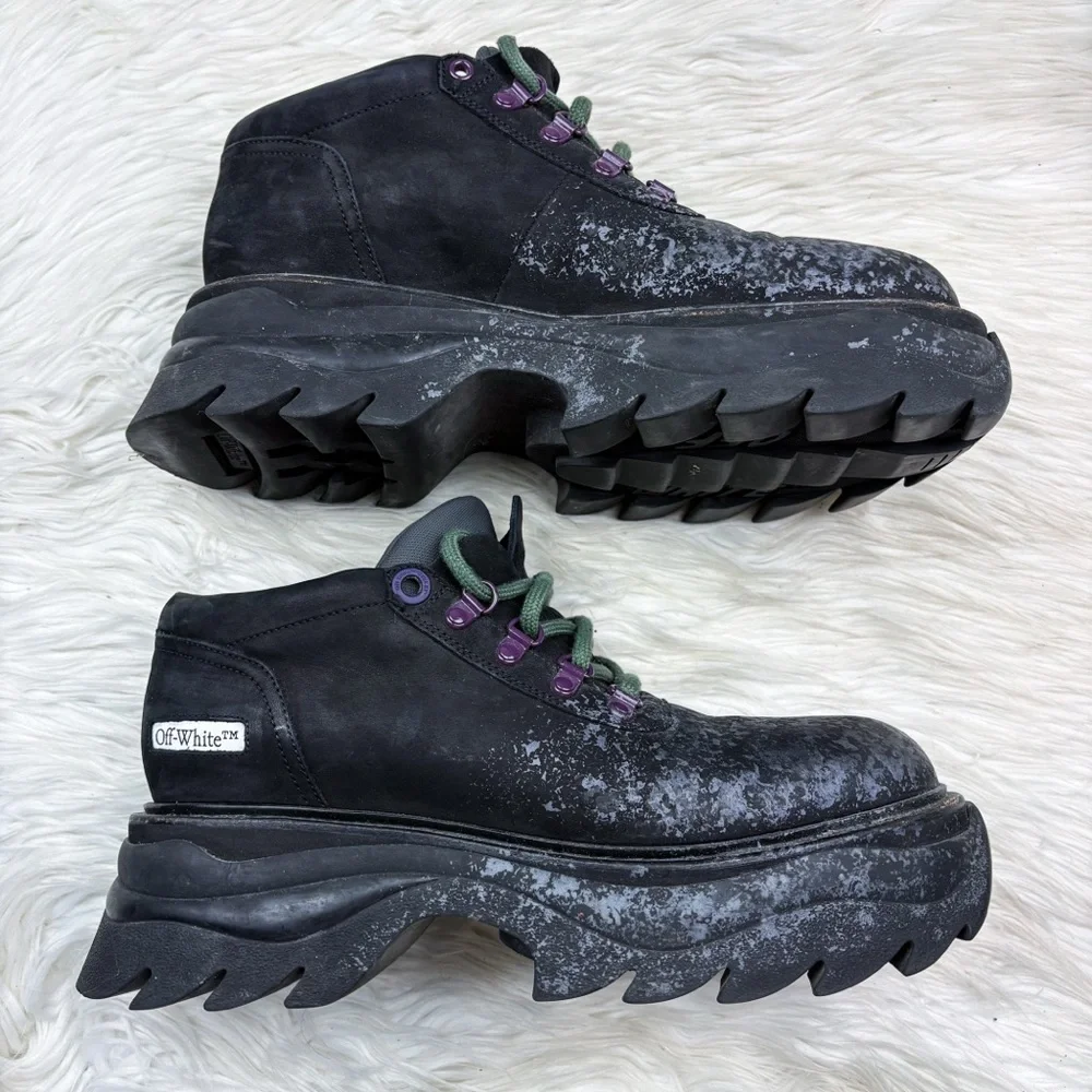 Off-White Ridged Chunky Lug Sole Paint Splatter Sneakers 44 Mens 11 Black Grey